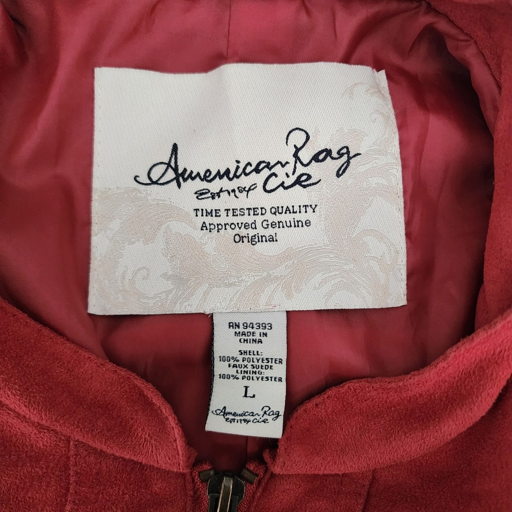 American Rag Faux Suede Bomber Jacket Women L Red Good Military Zip Epaulettes - Picture 2 of 6